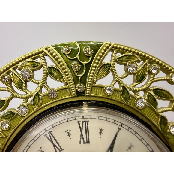 Vintage Enameled Green Tabletop Clock With Gemstones Quartz Works - Picture 2 of 15